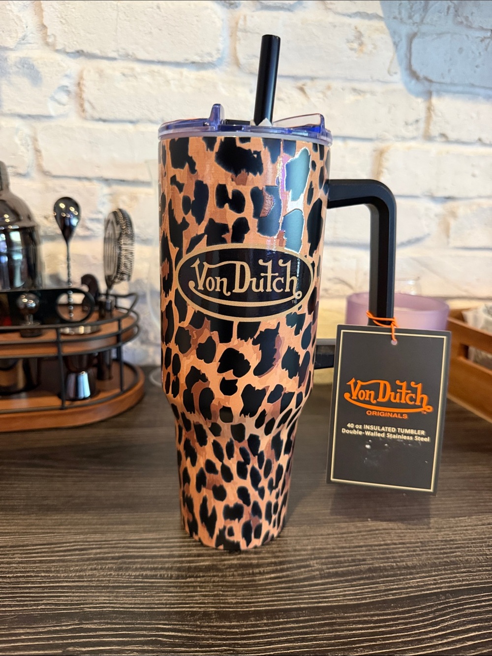 Von Dutch Leopard-Pattern Insulated Tumbler - Brown and Black 40oz